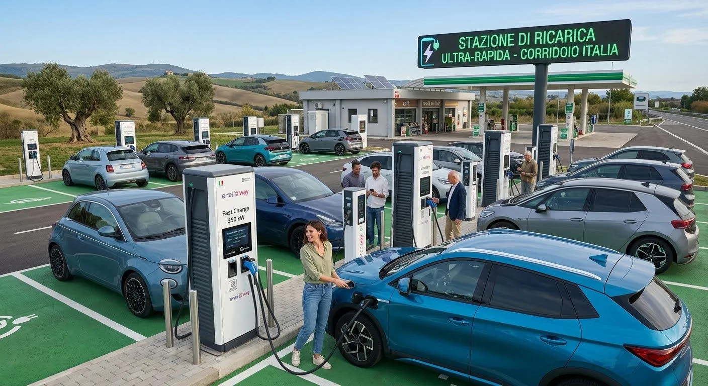 Ricarica elettrica Stazione di ricarica ultra-rapida con auto elettriche collegate alle colonnine e persone che aspettano, tra colline e ulivi